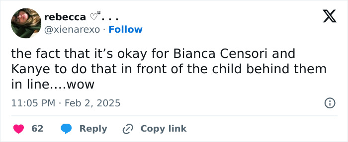 A tweet mentioning Bianca Censori and a child in line at the Grammys.