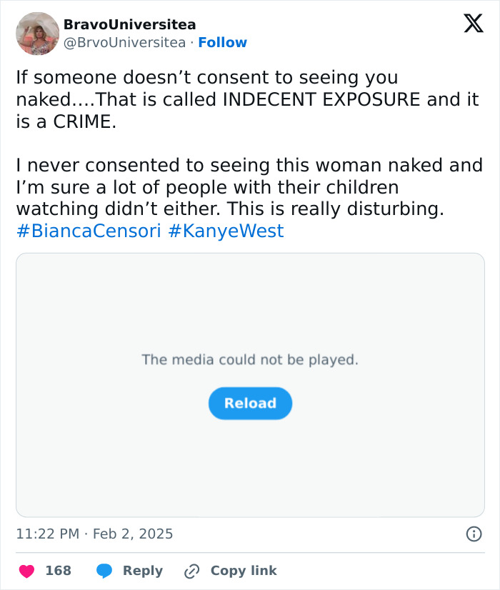 Tweet expressing outrage over Bianca Censori's Grammy 2025 outfit, labeled as indecent exposure.