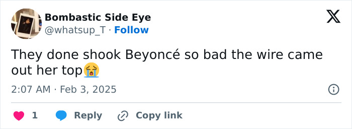 Tweet about Beyoncé's wardrobe malfunction during the Grammys, mentioning wardrobe issues in a humorous tone.