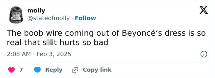 Tweet about Beyoncé's wardrobe malfunction at the Grammys, mentioning a dress issue.