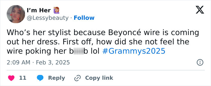 Tweet about Beyoncé's wardrobe malfunction at the Grammys, questioning her stylist.