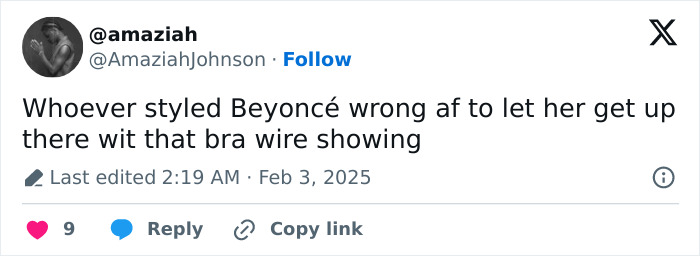 Tweet about Beyoncé's wardrobe malfunction at the Grammys, highlighting a styling mishap with her outfit.