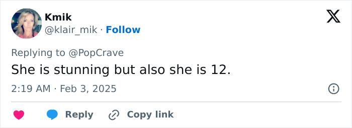 Tweet reacting to a 12-year-old's appearance, questioning if it's appropriate for their age.