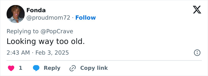Tweet screenshot commenting on someone "looking way too old" regarding dress controversy.