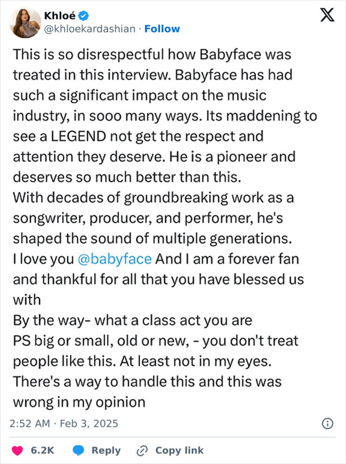 Tweet criticizing disrespect towards R&B legend Babyface by Grammys reporters, calling their behavior racist.