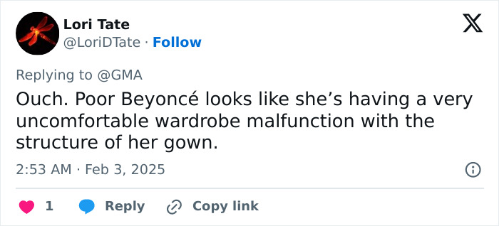 Tweet about Beyoncé's wardrobe malfunction at the Grammys, mentioning discomfort with her gown's structure.