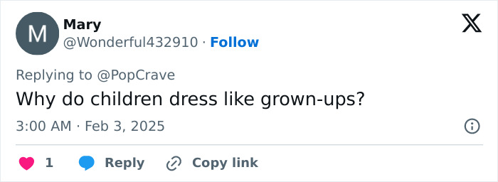 Tweet questioning children's grown-up dress, related to Blue Ivy outfit controversy.