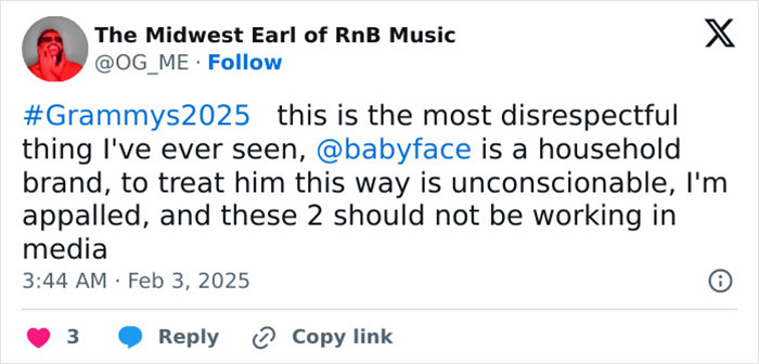 Tweet criticizing Grammys reporters for disrespecting R&B legend.