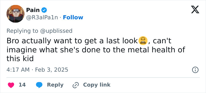 A tweet about a child\'s reaction to Bianca Censori\'s outfit at the Grammys, discussing the impact on mental health.