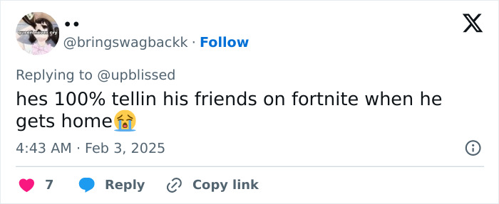 Tweet response about a child possibly sharing a story with Fortnite friends after seeing Bianca Censori\'s outfit.