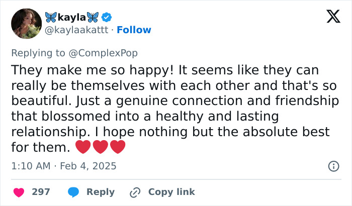 Tweet expressing joy over Zendaya and Tom Holland's relationship, mentioning genuine connection and wishing them the best.