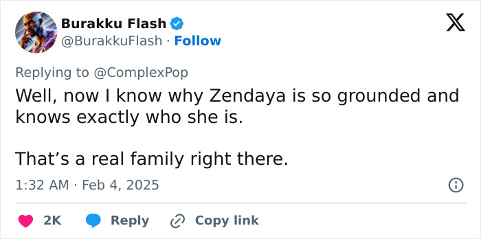 Tweet about Zendaya, mentioning her grounded nature and real family values.