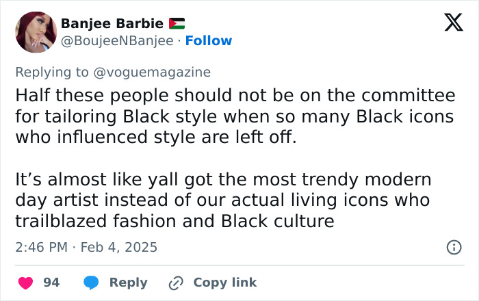 Tweet criticizing Met Gala 2025 dress code and celebrity host choices, highlighting concerns on Black style representation.