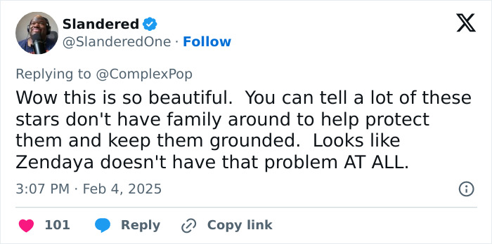 Tweet by user @SlanderedOne about Zendaya having family support, dated February 4, 2025, with 101 likes.