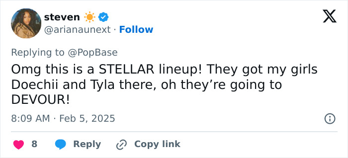 Tweet discussing excitement for Doechii and Tyla in a lineup, related to the Met Gala 2025 dress code debate.