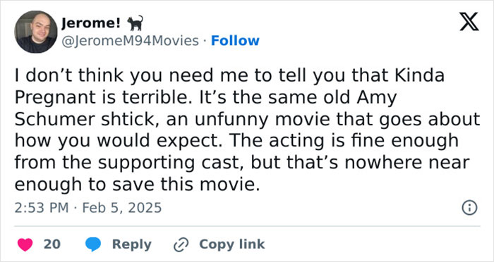 Tweet criticizing Amy Schumer's comedy as unoriginal and poorly executed, despite decent performances by the supporting cast.