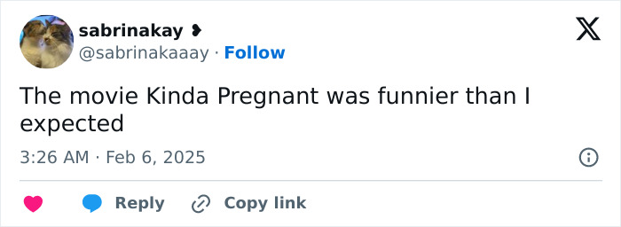 A tweet about a movie titled "Kinda Pregnant," with user comments on its humor compared to expectations.