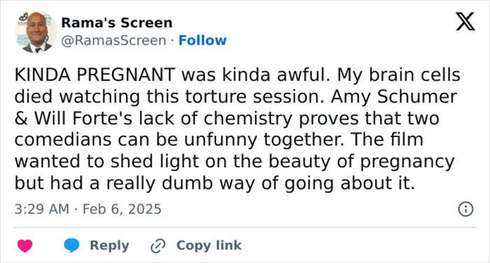 Tweet criticizing Amy Schumer's comedy as a "torture session," highlighting lack of chemistry with Will Forte.