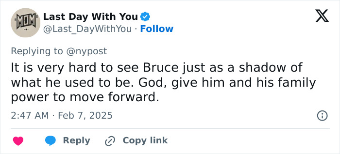 A tweet expressing support for Bruce Willis during his battle with dementia.