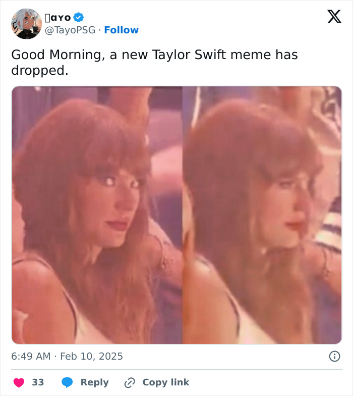 Taylor Swift reacts humorously, inspiring a viral meme at the Super Bowl.