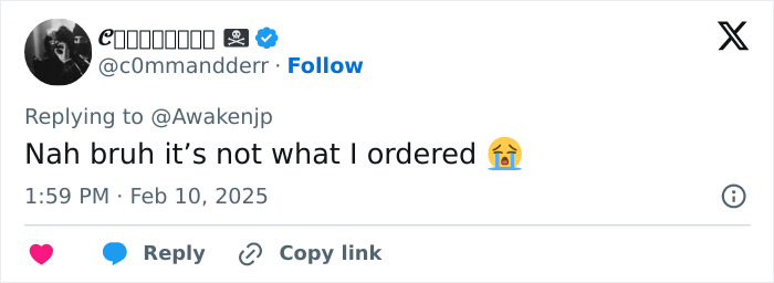 Tweet criticizing Billie Eilish merch quality with disappointed emoji, timestamped Feb 10, 2025.