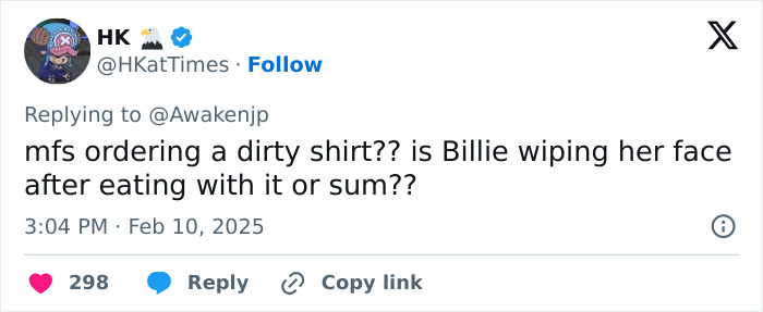 Tweet criticizing X-rated detail and quality of Billie Eilish merch with sarcastic remark about a dirty shirt.