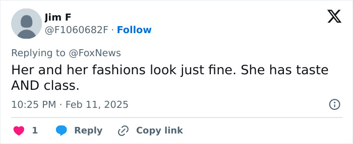 Tweet supporting Kate Middleton's fashion, stating she has taste and class.