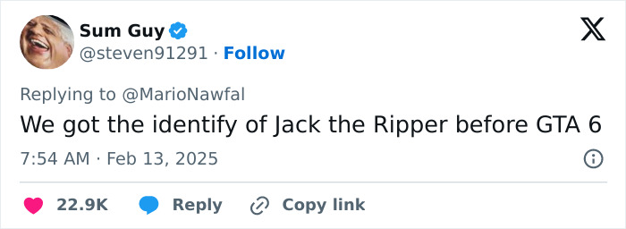 Tweet joking about Jack the Ripper's identity revealed before GTA 6 release, gaining 22.9K likes.