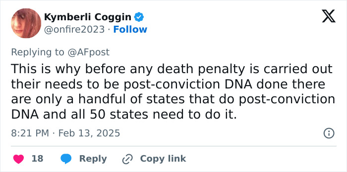 Tweet calling for post-conviction DNA testing before death penalties, referencing Jack the Ripper case resolution.