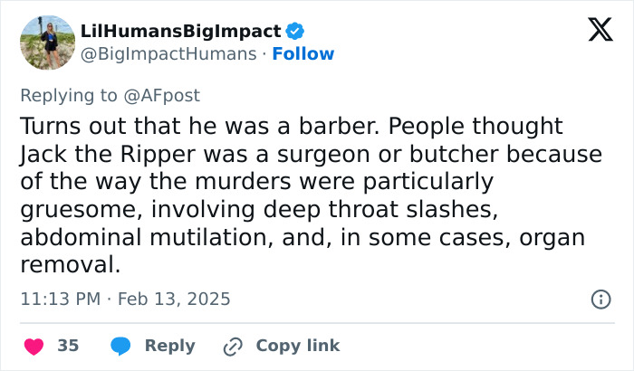 Tweet discussing Jack the Ripper possibly being a barber, contradicting surgeon or butcher theories due to gruesome murders.