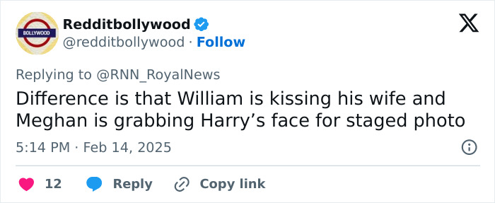 Tweet about Meghan's photo on Valentine's Day, comparing it to William's gesture.