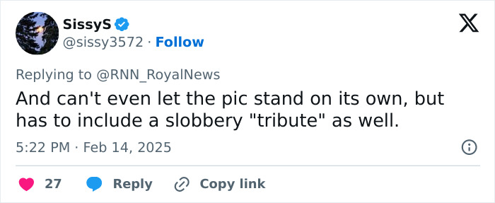 A tweet reacting to Meghan's Valentine's Day photo with a critical comment by a user.