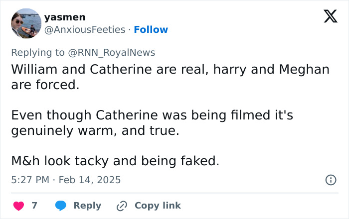 Social media post discussing Meghan and Harry being perceived as forced.