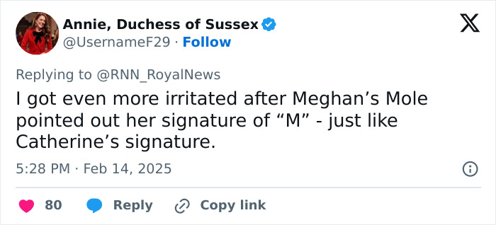 Tweet expressing irritation about Meghan's Valentine's Day photo, mentioning her signature.