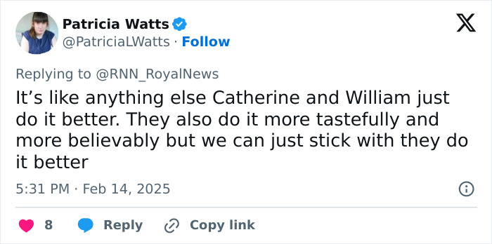 Tweet about Meghan's Valentine's Day photo, mentioning Catherine and William doing it better.