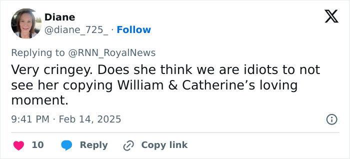 Tweet criticizing Meghan's Valentine's photo for allegedly imitating William and Catherine's moment.