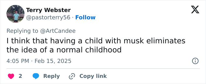 Tweet about having a child with Musk and childhood norms.