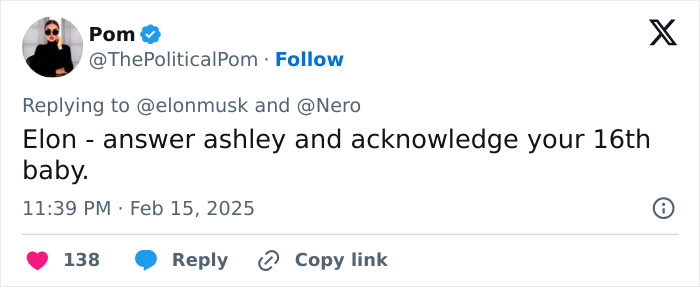 Tweet addressing Elon Musk about acknowledging his 16th child.