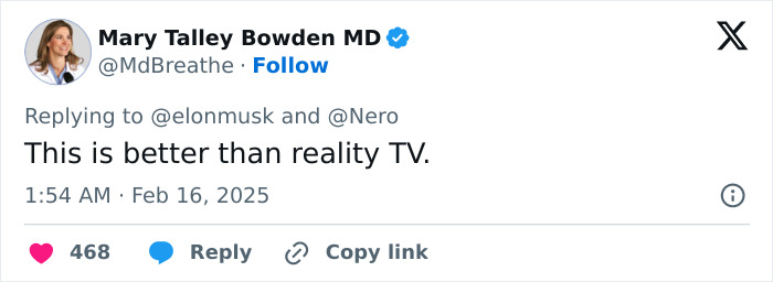 Tweet mentioning Elon Musk, describing the situation as better than reality TV.