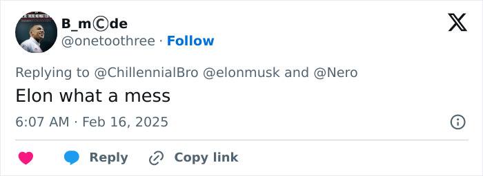 Tweet reply about Elon Musk, expressing 