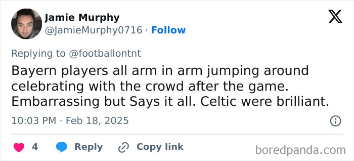 Tweet about Bayern's last-minute goal celebration against Celtic in the Champions League.