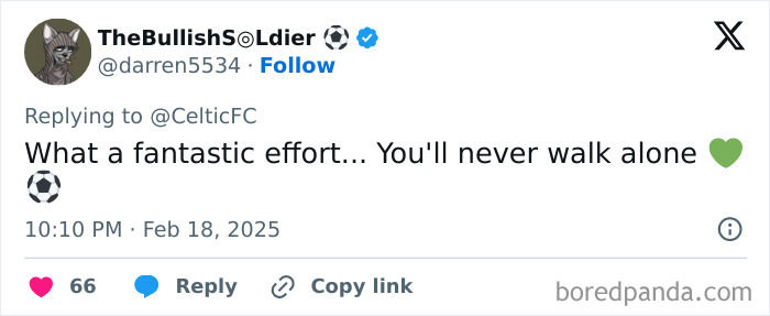 Tweet reaction to Champions League match; user praises Celtic's effort with heart and soccer emojis.