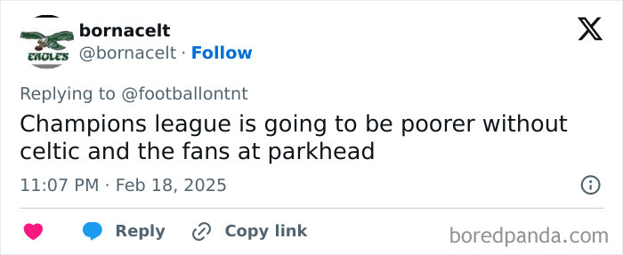 Tweet lamenting Celtic's absence from the Champions League, mentioning fans at Parkhead.