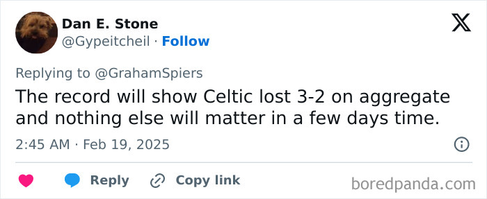 Tweet by Dan E. Stone discussing Celtic's 3-2 aggregate loss in the Champions League.