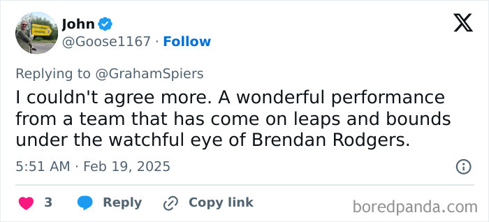 Tweet praising Celtic's performance and Brendan Rodgers' coaching.