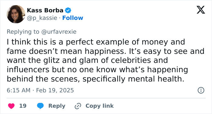 Tweet discussing the hidden struggles behind fame, mentioning Ariana Grande and concerns about mental health.