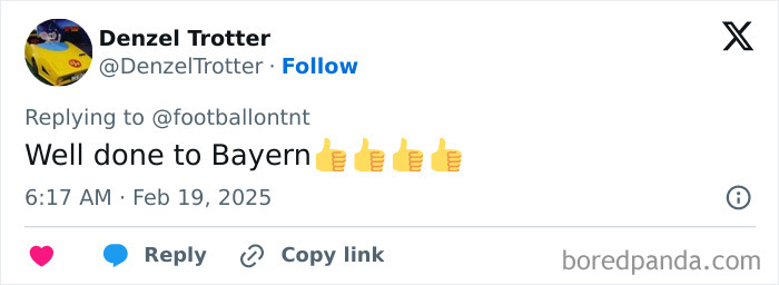 Tweet praising Bayern's Champions League win with thumbs-up emojis.