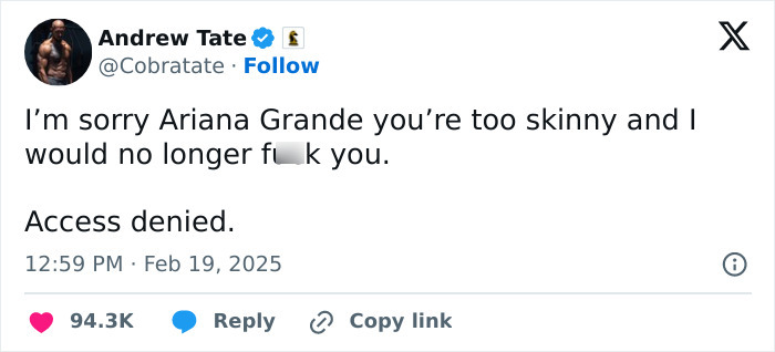 Andrew Tate tweet with a controversial comment about Ariana Grande's body.