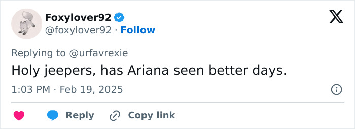 Tweet expressing concern about Ariana Grande\'s appearance at the Baftas.