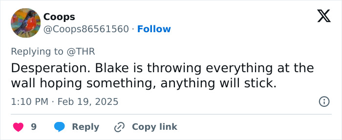 Tweet from Coops about Blake's desperation, related to "It Ends With Us" and Justin Baldoni's behavior in intimate scenes.